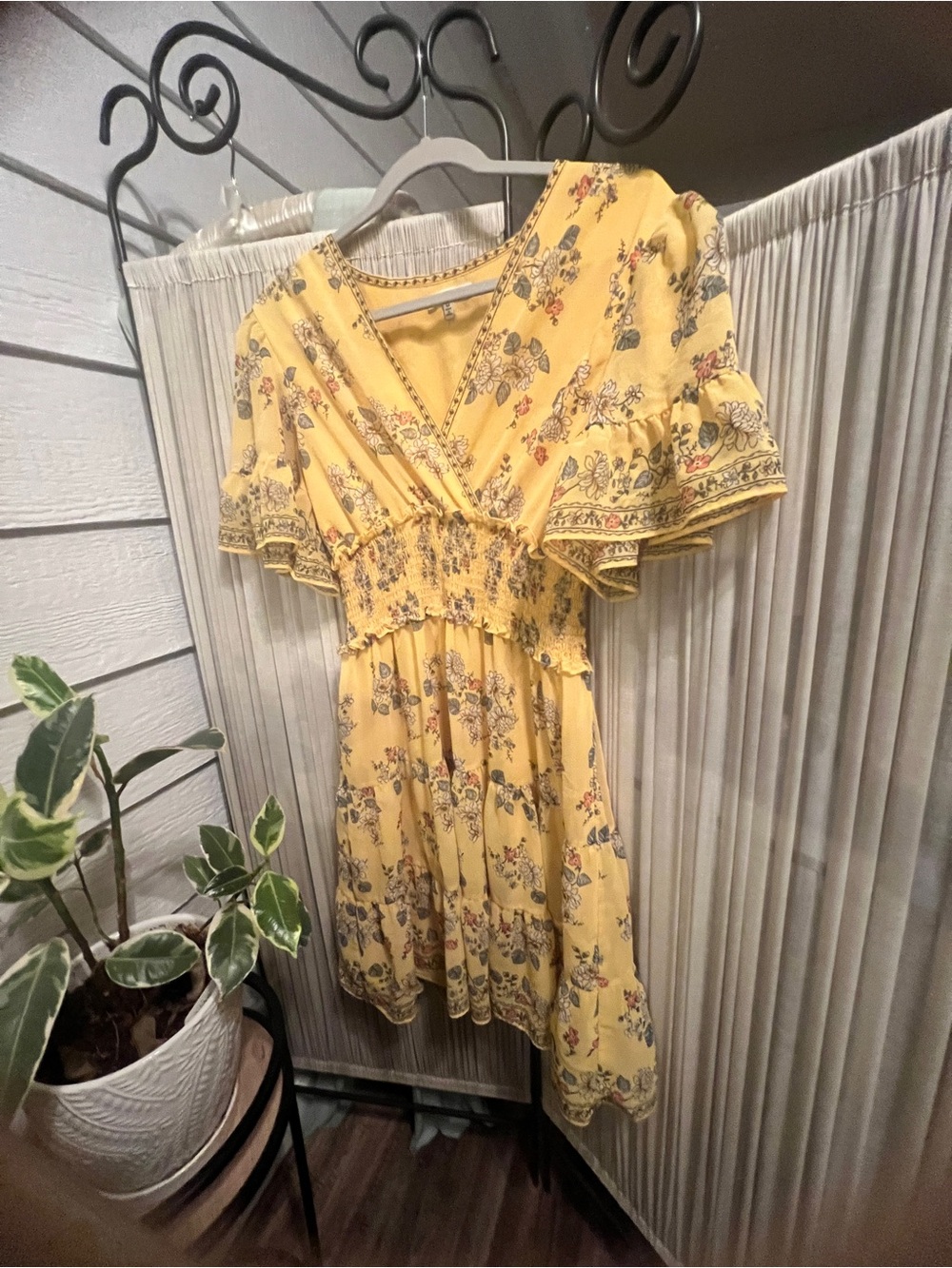 Max Studio Yellow Floral Wrap-Style Smocked Waist Dress - Picture 2 of 2